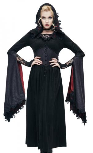 NEW WITCH CT070 Robe longue noire avec capuche et longue manches doubles en satin rouge, Vampire