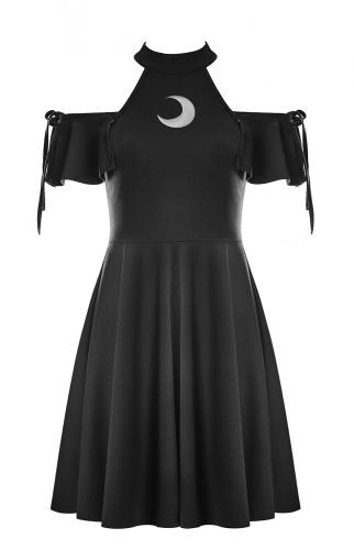 NEW WITCH PQ-313BK OPQ-313LQF-BK Black skater dress with lace-up sleeves and transparent moon, witchy gothic