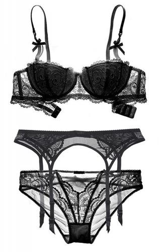 NEW WITCH Ensemble lingerie fine 3pcs noire  dentelle, sous-vtement sexy