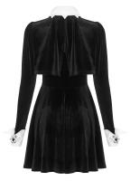 NEW WITCH Q-474BK WQ-474LQF Black velvet dress with white collar and cuffs, bolero effect, witchy nugoth, Punk Rave