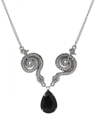 NEW WITCH Silver coiled dual snake necklace with black stone, Gothic