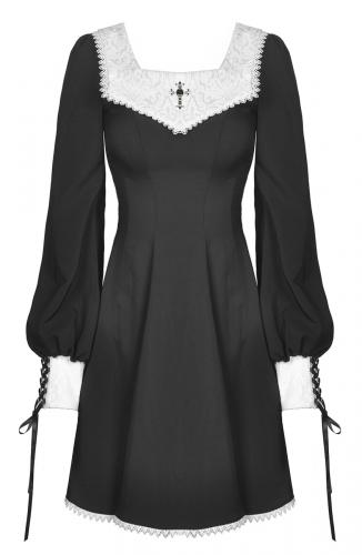 NEW WITCH DW450 Robe noire  col blanc  motif vintage et croix, retro witch, Darkinlove