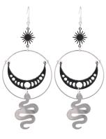 Silver and black crescent moon and snake earrings, lunar phase