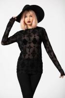 NEW WITCH CROSSED MESH LONG SLEEVE TOP Top T-shirt noir transparent motif ancien et longues manches KILLSTAR goth witch