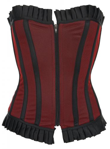 NEW WITCH Black overbust corset with red fishnet, zip and pleated border
