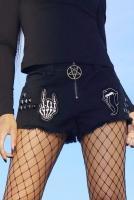 NEW WITCH MAXINE DENIM SHORTS Black jeans shorts with white patches and peaks, Maxine KILLSTAR, Metal glam rock