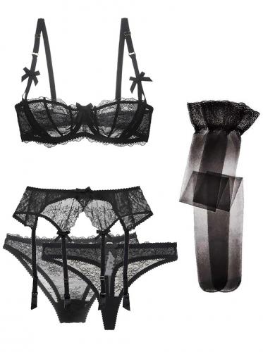 NEW WITCH 5pcs black lingerie set with transparent lace, sexy underwear