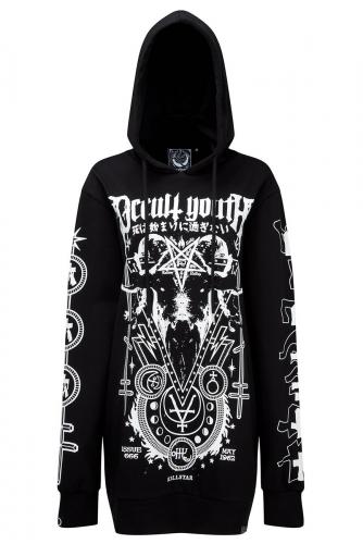 NEW WITCH Occult Youth Hoodie Sweat long  capuche noir, motifs blancs occultes, Occult Youth Killstar, gothique street