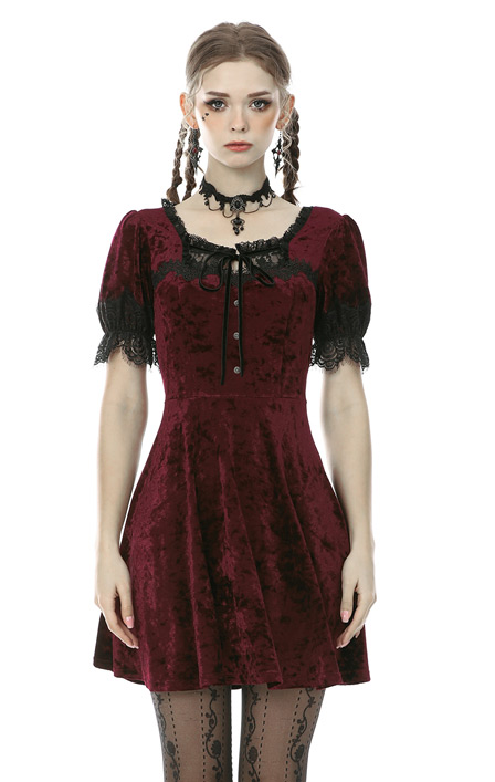 Red velvet dress with black lace ...