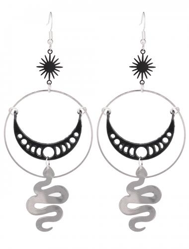 NEW WITCH Silver and black crescent moon and snake earrings, lunar phase