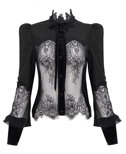 NEW WITCH ESHT011 Transparent lace front black shirt with balloon sleeves, elegant