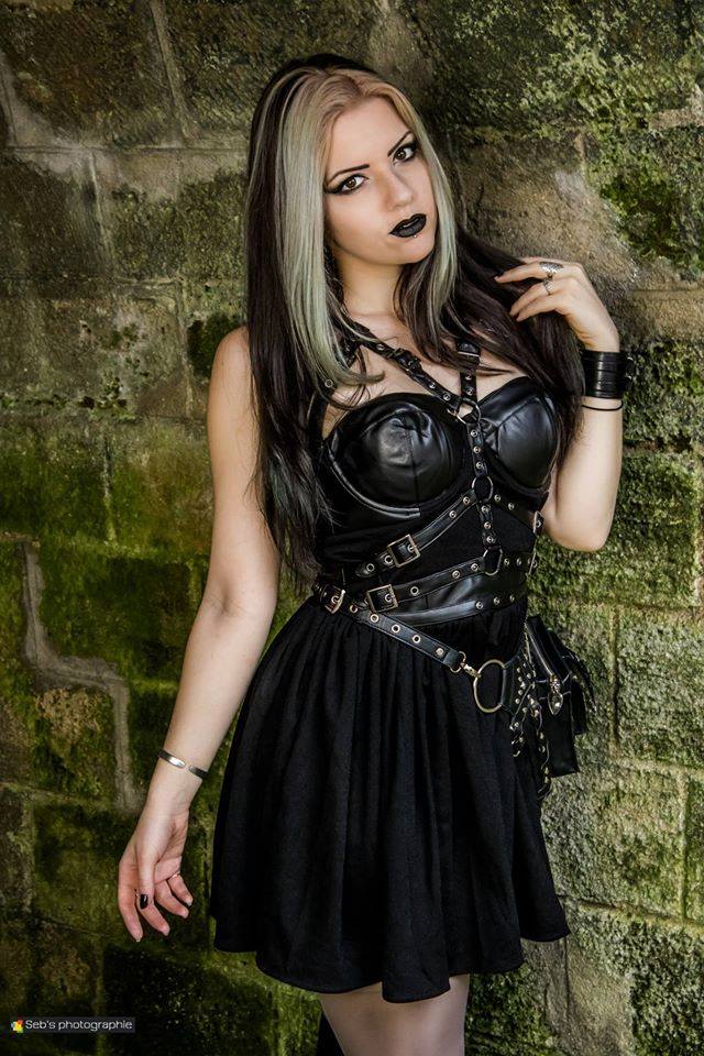 Harness black dress with basquine, leather straps, o-rings, witch, fetish >  NEW WITCH - VETROB215